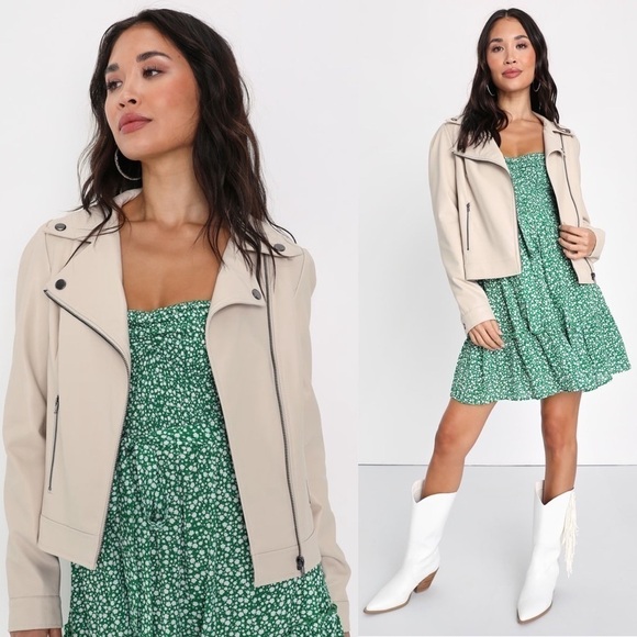 Lulus Pretty Powerful Beige Vegan Leather Puff Sleeve Moto Jacket - Picture 1 of 12